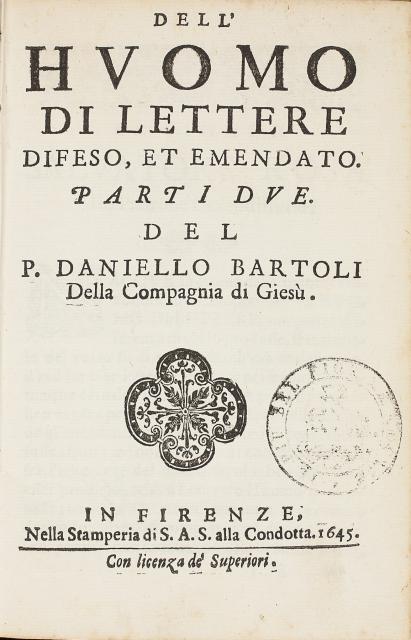 Frontespizio della prima edizione di Daniello Bartoli, "Dell’huomo di lettere difeso, et emendato"
